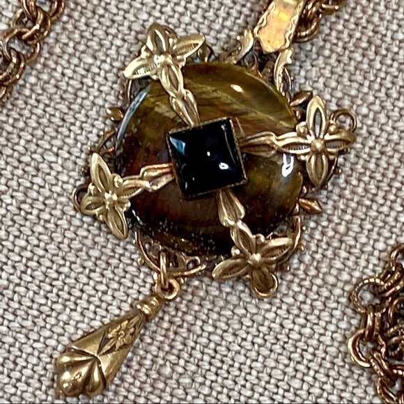 VTG Jan Michaels Tigers Eye & Black Onyx Pendant Necklace on Long Chain - Picture 2 of 10